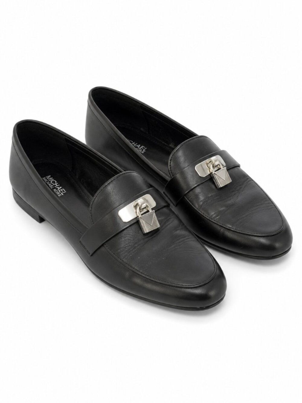 Michael Kors Black Leather Padlock Loafers Silver Hardware Size 7